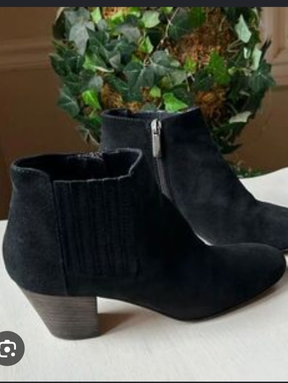 Aquatalia Black Suede Ankle Boot with Stacked Heel